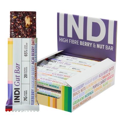 INDI High Fibre Gut Health Bars - Made of 20 Superfoods, Vegan & Gluten Free - Plant Based with Nuts, Seeds & Fruit - No Added Sugar, Natural Energy - 12 Pack, Made in UK
