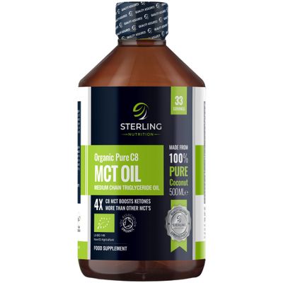 MCT Oil Organic Pure C8 Caprylic Acid, 500ml from 100% Coconut Oil Suitable for Keto &amp; Fasting Vegan, Gluten-Free &amp; Lab Tested STERLING NUTRITION