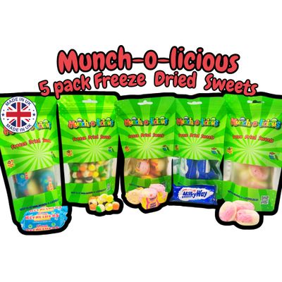 Munch-o-licious Freeze Dried Sweets - 5 Pack Favourite Selection: Mix Fruit, Lemon Refresher, Chocolate, Peach Rings, Fruit Salad - Delicious Freeze Dried Candy Treat - Perfect for UK Sweet Lovers