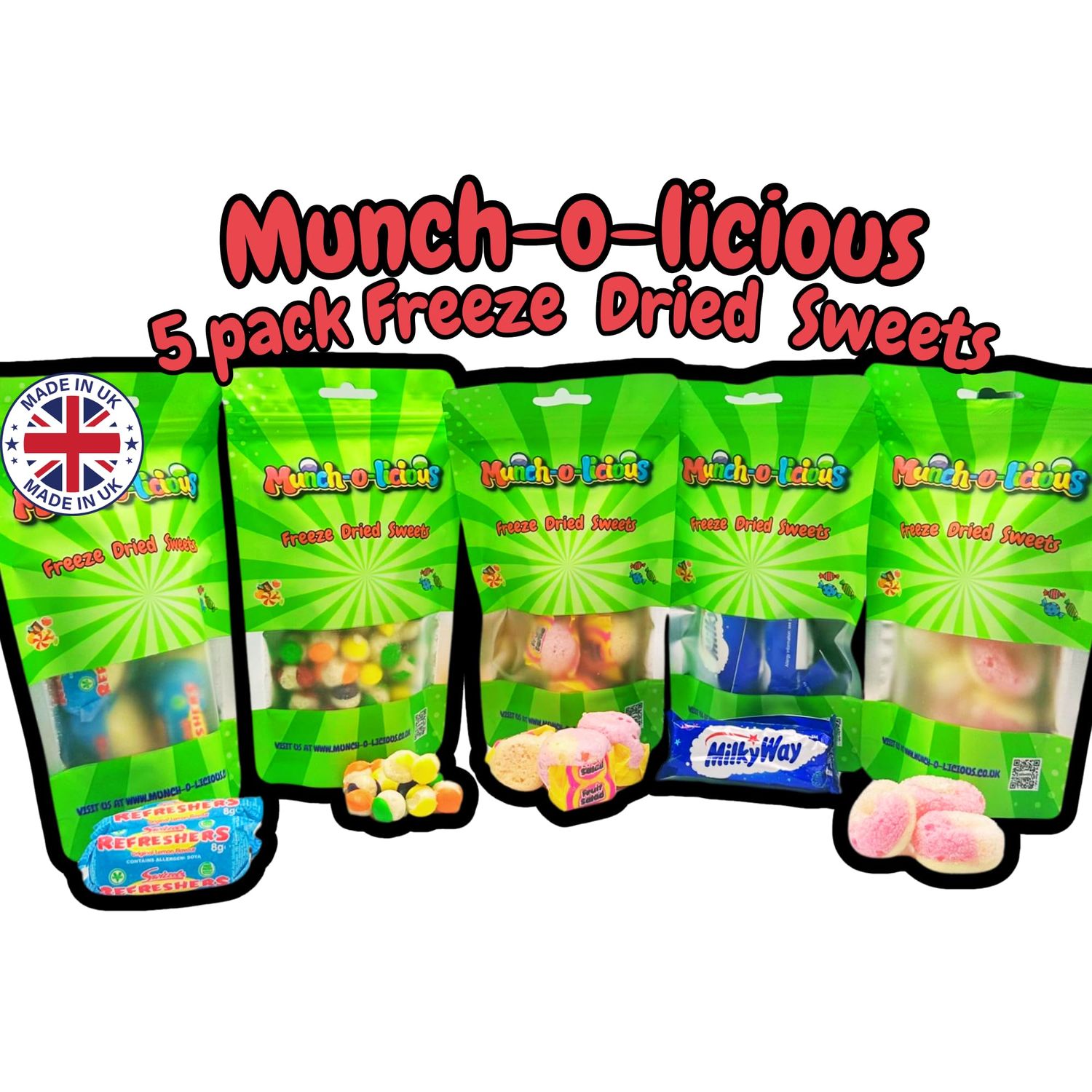 Munch-o-licious Freeze Dried Sweets - 5 Pack Favourite Selection: Mix Fruit, Lemon Refresher, Chocolate, Peach Rings, Fruit Salad - Delicious Freeze Dried Candy Treat - Perfect for UK Sweet Lovers