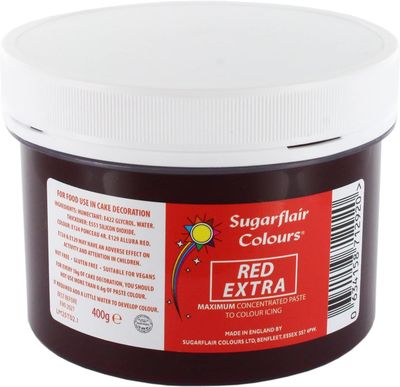 Sugarflair Red Extra Maximum Concentrated Food Colouring Paste, for Use with Sugar Pastes, Flowerpaste, Buttercream, Royal Icing and more - 400g Sugarflair Red Extra Maximum Concentrated Food Colouring Paste, for Use with Sugar Pastes, Flowerpaste, Buttercream, Royal Icing and more - 400g