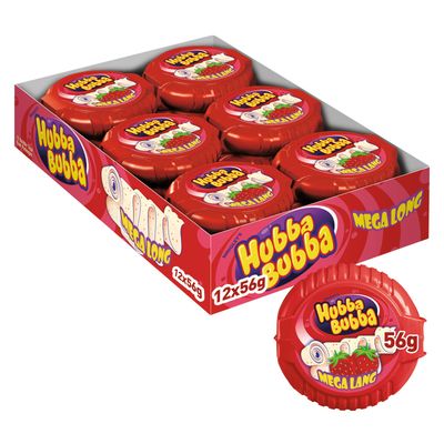 Hubba Bubba Chewing Gum, Snappy Strawberry, Mega Long Tape, 12 Packs of 180