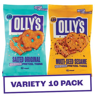 Olly's Pretzel Thins, 5x Salted and 5x Multi-Seed Sesame 35g, Handy Snack Pouches, Healthy Plant-Based Vegan Snacks for Dipping, Low Calorie Snacks, Low Fat, Source of Fibre, No Preservatives