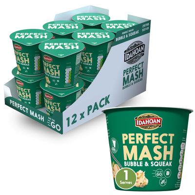 Idahoan Bubble and Squeak Mashed Potato Pots 12 x 55g - Dried Potato Mash Vegetarian and Gluten Free Instant Potato Pot Cooks in 1 Minute, Quick Lunch, Bulk Ready to Eat