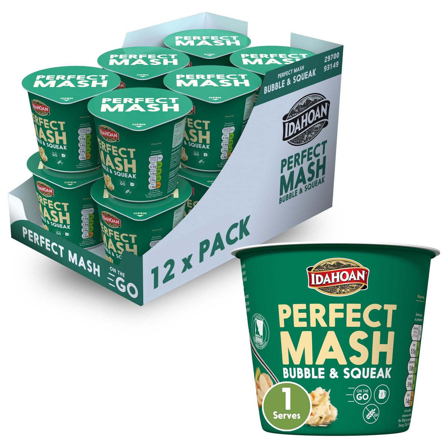 Idahoan Bubble and Squeak Mashed Potato Pots 12 x 55g - Dried Potato Mash Vegetarian and Gluten Free Instant Potato Pot Cooks in 1 Minute, Quick Lunch, Bulk Ready to Eat