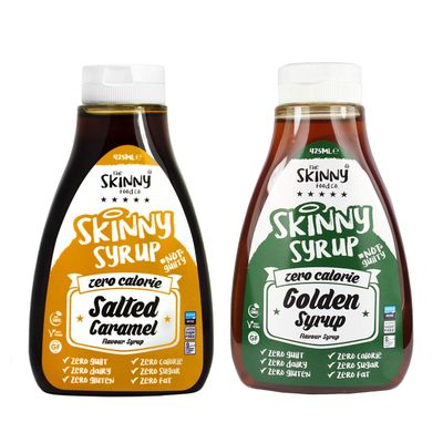 The Skinny Food Co. Syrup Twin Pack SW Salted Caramel Syrup &amp; Golden Syrup Dessert Topping Sugar Free Zero Calories Guilt Free Sauce, Bottle 425ml