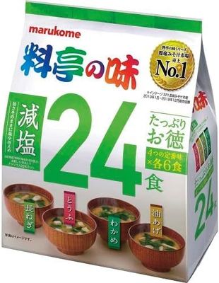 Japanese Instant Miso Soup, Marukome Ryotei no Aji - 24 Servings Variety Pack with 4 Flavours (Tofu, Spring Onion, Wakame, Fried Tofu) (Reduced Salt)