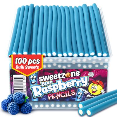 Sweetzone Blue Raspberry Pencils Tub, Pencil Sweets, 100 pc, alal Sweet, Wine gums, American Gum, British Sweets, Sweet Pie, Licorice Liquorice Allsorts, Irresistible for Candy Lovers