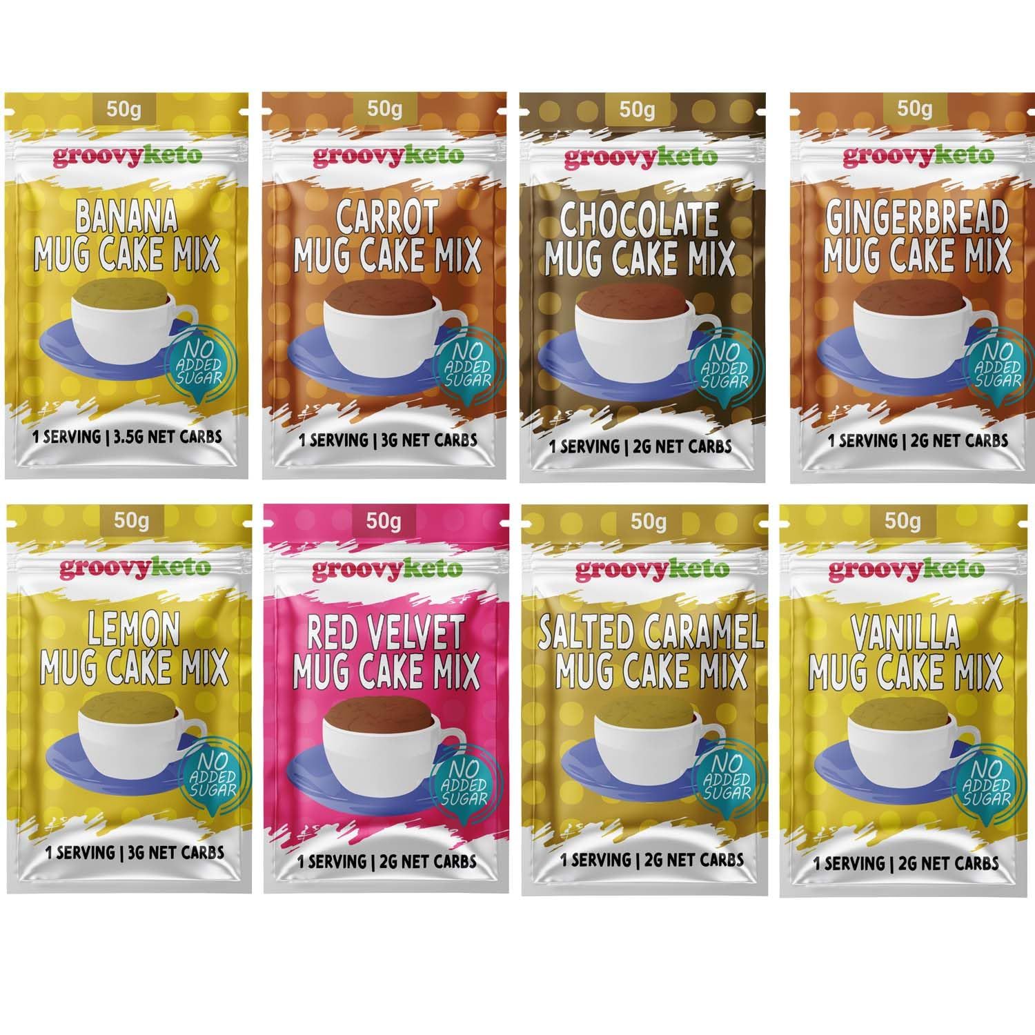 Groovy Keto Mug Cake Mix Low Carb Keto Friendly Sugar Free Only 2g - 3.5g Net Carbs Per Sachet Diabetic Friendly (8 Pack, Variety Pack)