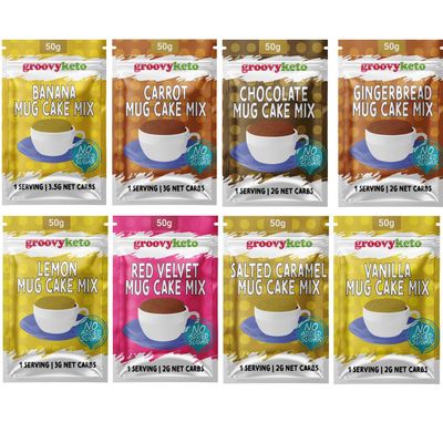 Groovy Keto Mug Cake Mix Low Carb Keto Friendly Sugar Free Only 2g - 3.5g Net Carbs Per Sachet Diabetic Friendly (8 Pack, Variety Pack)