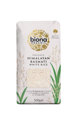 Biona Organic Himalayan Basmati Rice 500g - Long Grain White Rice - Ideal for Stir Frys, Salads &amp; Currys - Non GMO, Vegan - Plastic Free, Recyclable Packaging
