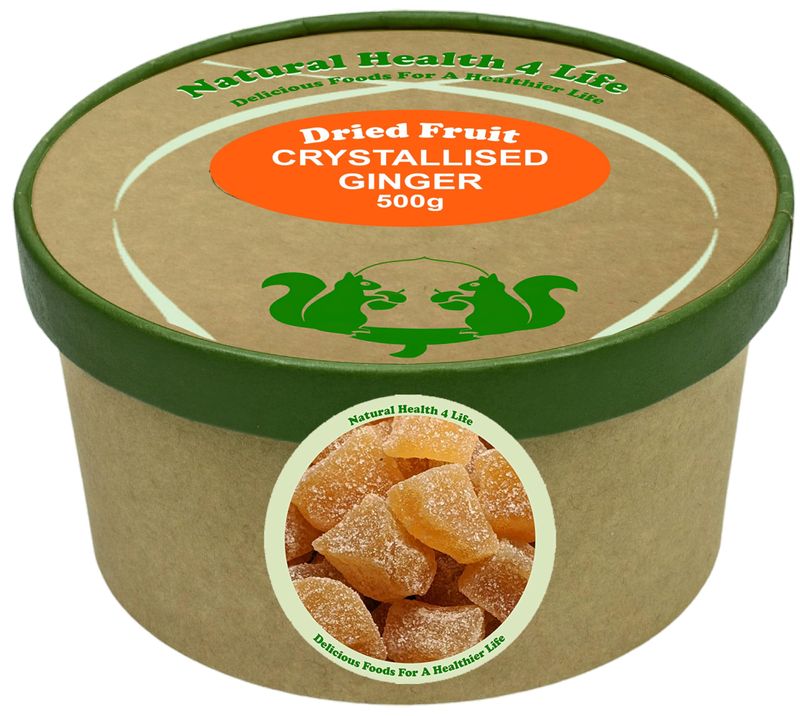 Natural Health 4 Life Crystallised Ginger Chunks 500g - All Natural, Vegan, Gluten-Free, Plant-Based Ginger Sweets for Nausea, Digestion, Baking, Cooking &amp; Snacking - Resealable Kraft Paper Tub.