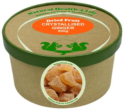 Natural Health 4 Life Crystallised Ginger Chunks 500g - All Natural, Vegan, Gluten-Free, Plant-Based Ginger Sweets for Nausea, Digestion, Baking, Cooking &amp; Snacking - Resealable Kraft Paper Tub.
