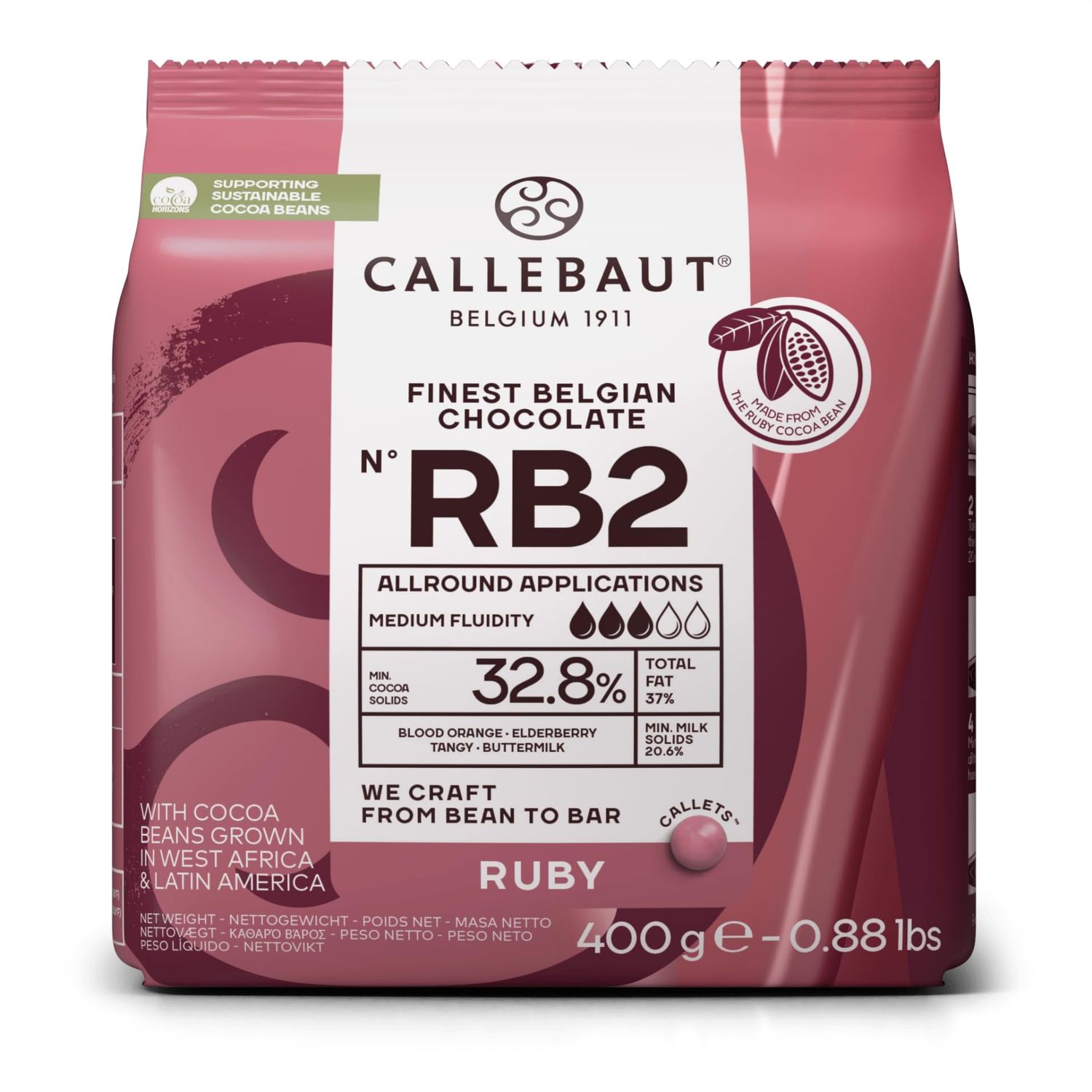 Callebaut Ruby Chocolate Callets RB2 400g Intense Fruity Pink Chocolate 32.8% Cocoa