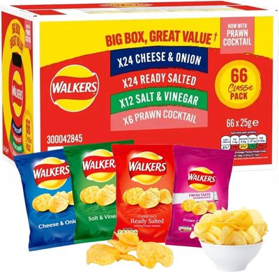 Kandy Collection Sold by - Giant Crisps Multipack Snack Box - Pack of 66 x 25g Assorted Classic Walkers Crisps Bulk Buy. Multipack Crisps Potato Snacks