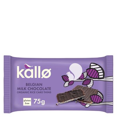 Kallo Organic Belgian Milk Chocolate Thins 75 g - Gluten Free Rice Cake Thins, Light Snack, Vegetarian &amp; Organic Chocolate Treat