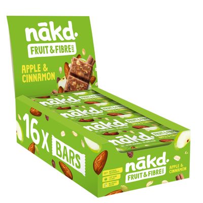 nakd. Fruit &amp; Fibre bars - Apple &amp; Cinnamon - High in fibre - 100% Natural ingredients - No added sugar - Vegan - 16 x 44g bars - 704g
