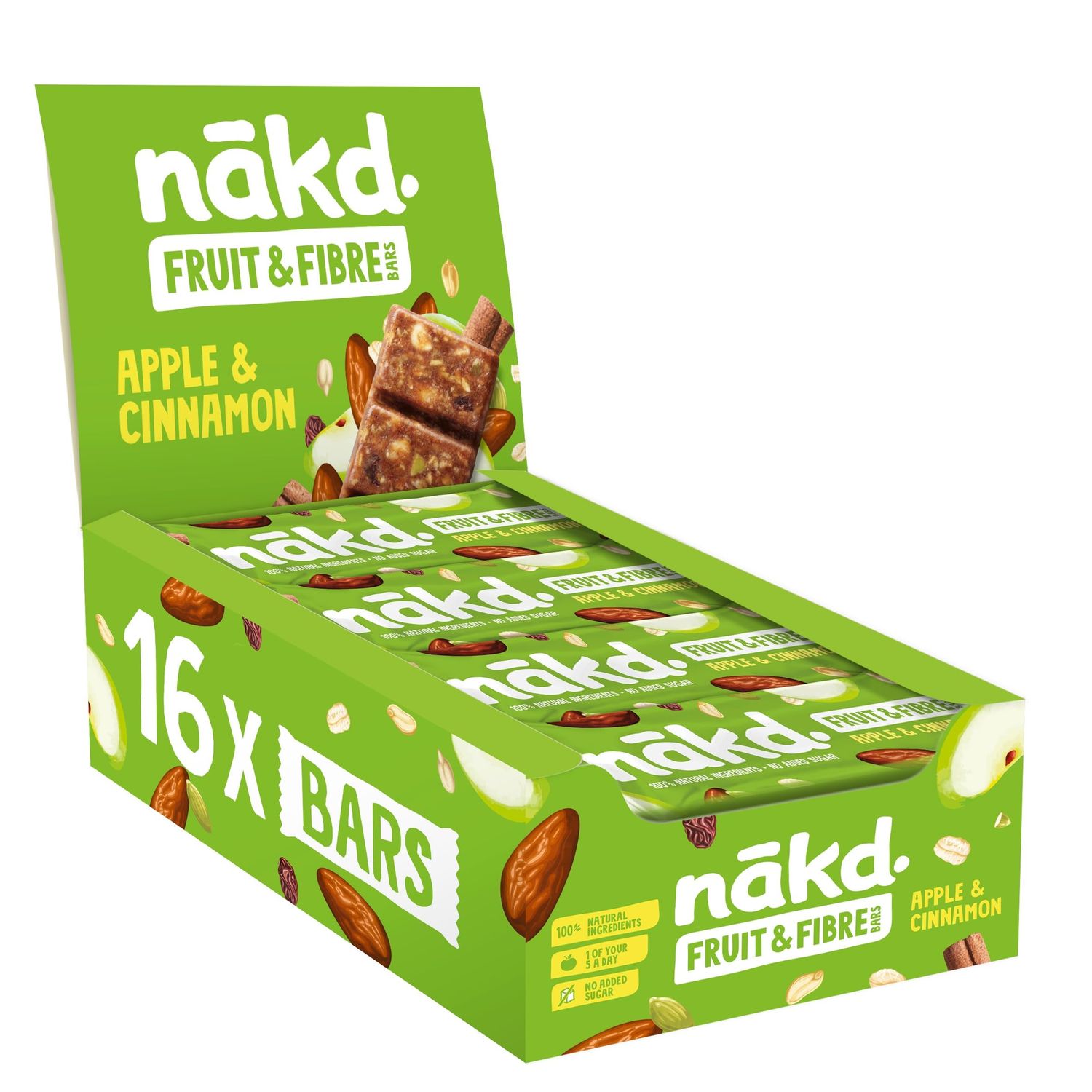 nakd. Fruit &amp; Fibre bars - Apple &amp; Cinnamon - High in fibre - 100% Natural ingredients - No added sugar - Vegan - 16 x 44g bars - 704g