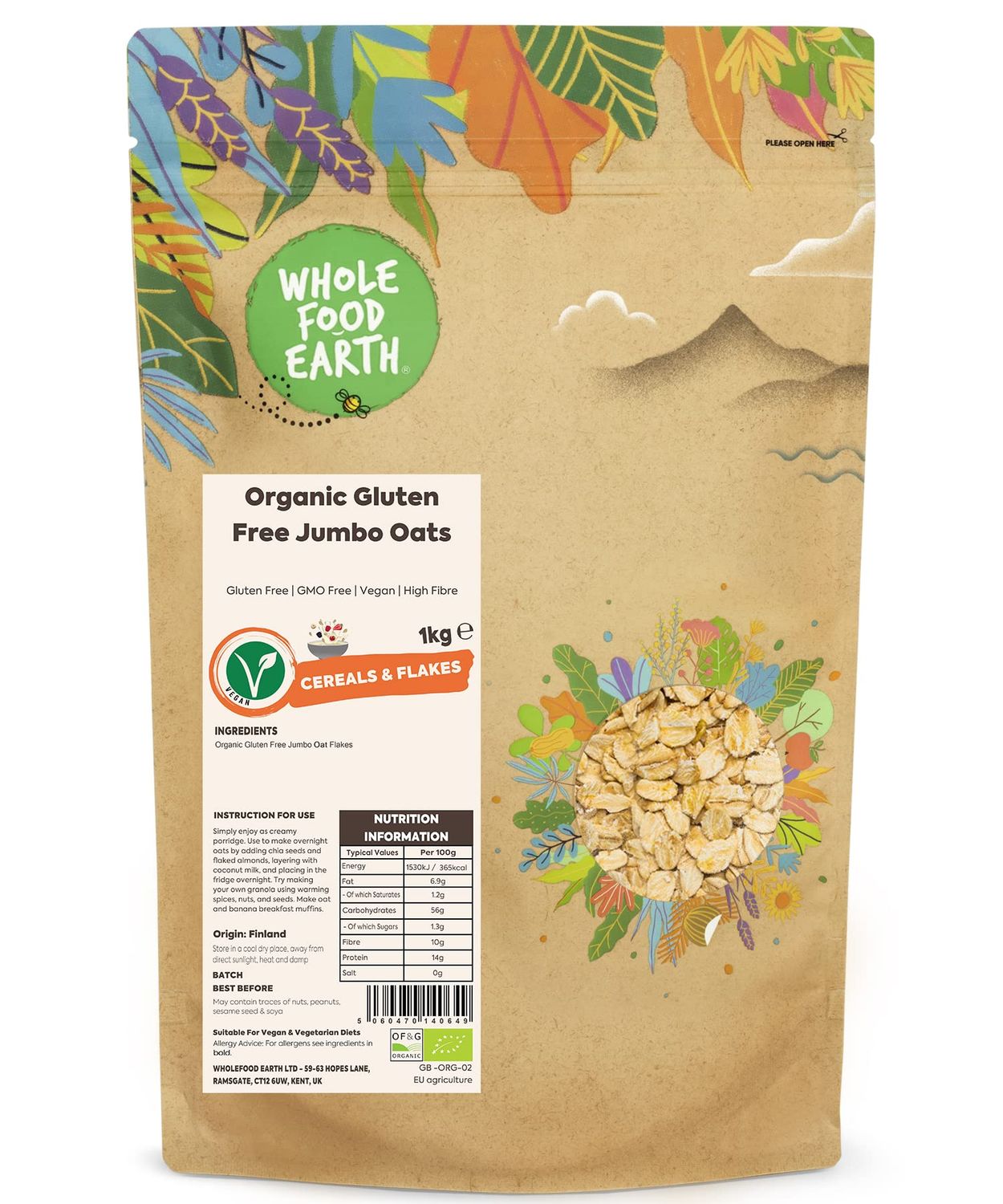 Wholefood Earth Organic Gluten Free Jumbo Oats - 1 kg GMO Free Vegan High Fibre Certified Organic
