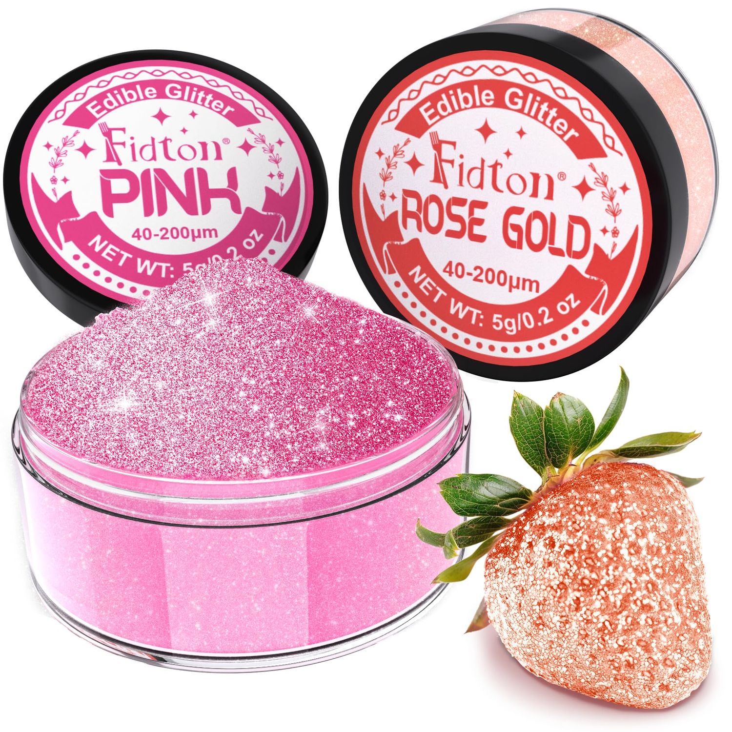 Edible Glitter for Drinks - Fidton 2 Colours Sparkling Edible Cake Decorations Set, edible glitter for cakes, Bakery, Fondant, Drink Glitter for Cocktail, Edible Lustre Dust Rose Gold &amp; Pink- 5 g/each
