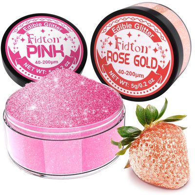 Edible Glitter for Drinks - Fidton 2 Colours Sparkling Edible Cake Decorations Set, edible glitter for cakes, Bakery, Fondant, Drink Glitter for Cocktail, Edible Lustre Dust Rose Gold &amp; Pink- 5 g/each