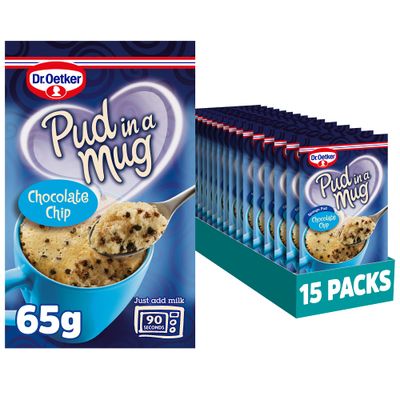 Dr. Oetker Chocolate Chip Pud in a Mug, 65g Each, Pack of 15 - Microwave Pudding Cake Mix for Baking, Suitable for Kids Bakes, Store Cupboard Essentials with Choc Chips