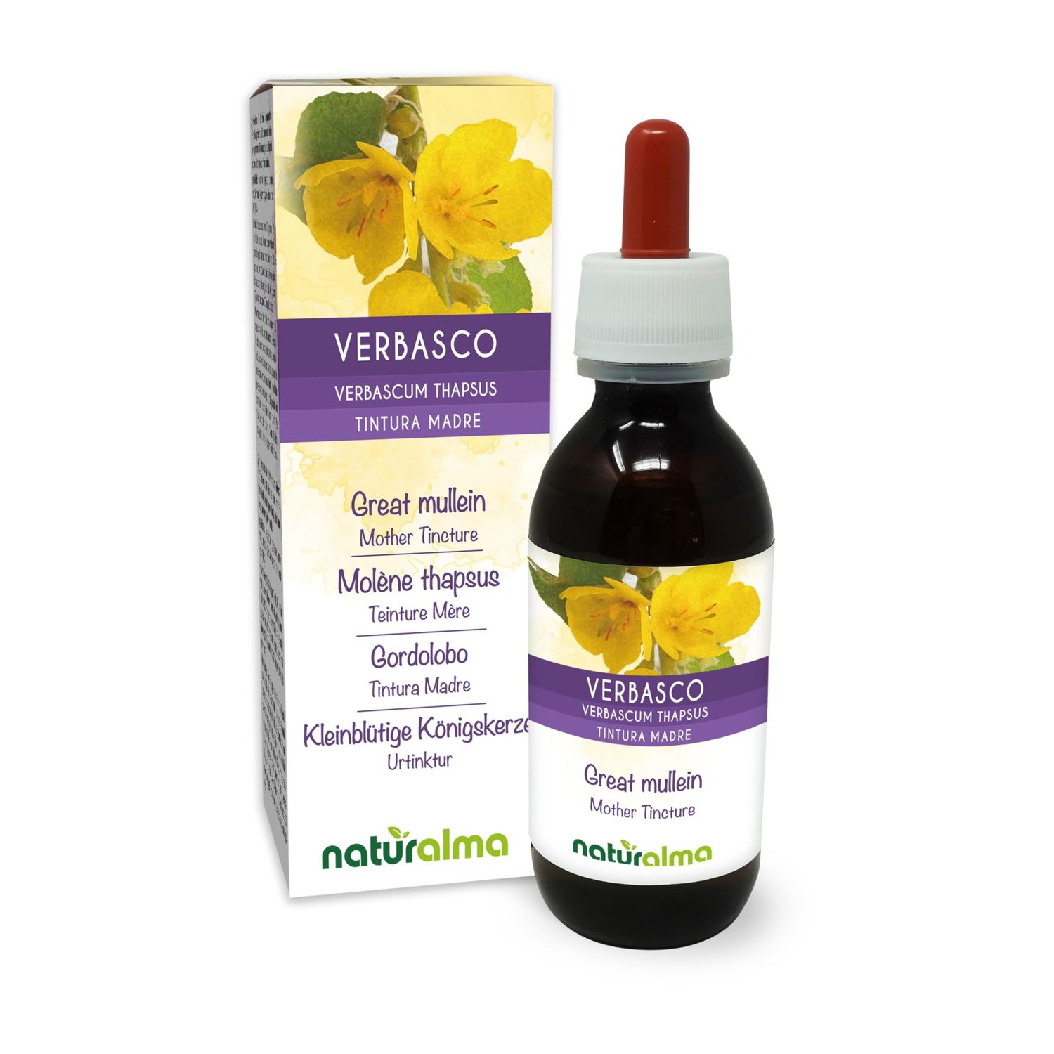 Great Mullein or Common Mullein (Verbascum thapsus) Flowers and Leaves Alcohol-Free Mother Tincture Naturalma - Liquid Extract Drops 120 ml - Food Supplement - Vegan
