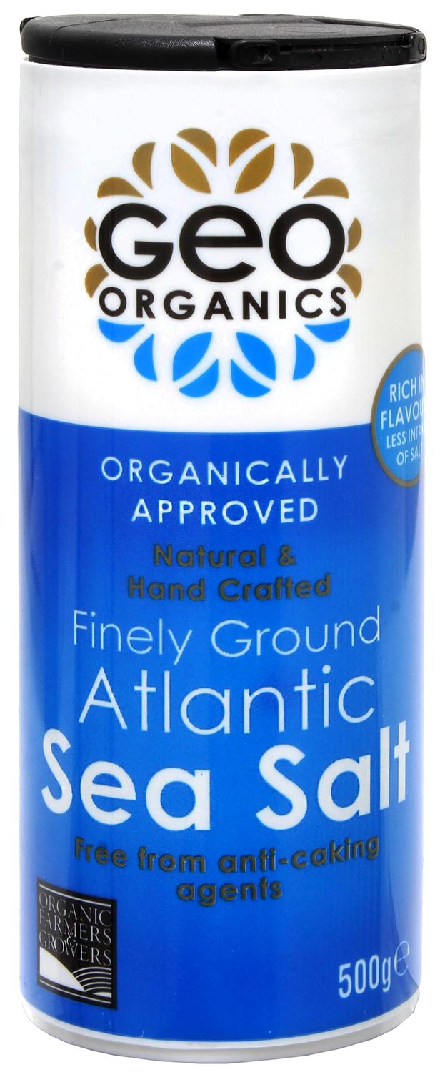 Geo Organics Atlantic Sea Salt Shaker 500g (Pack of 1) Organically Approved Fine Sea Salt Natural &amp; Hand Crafted Additive-Free, Non-GMO, Gluten-Free, Vegan Free From Anti-Caking Agents