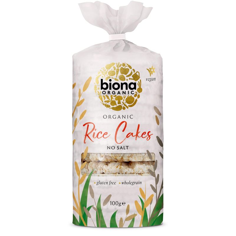 Biona Organic Unsalted Rice Cakes, 100g - 100% Organic Wholegrain Brown Rice - Source of Fibre, Naturally Gluten Free - Vegan Snacks and Treats (Pack of 12)