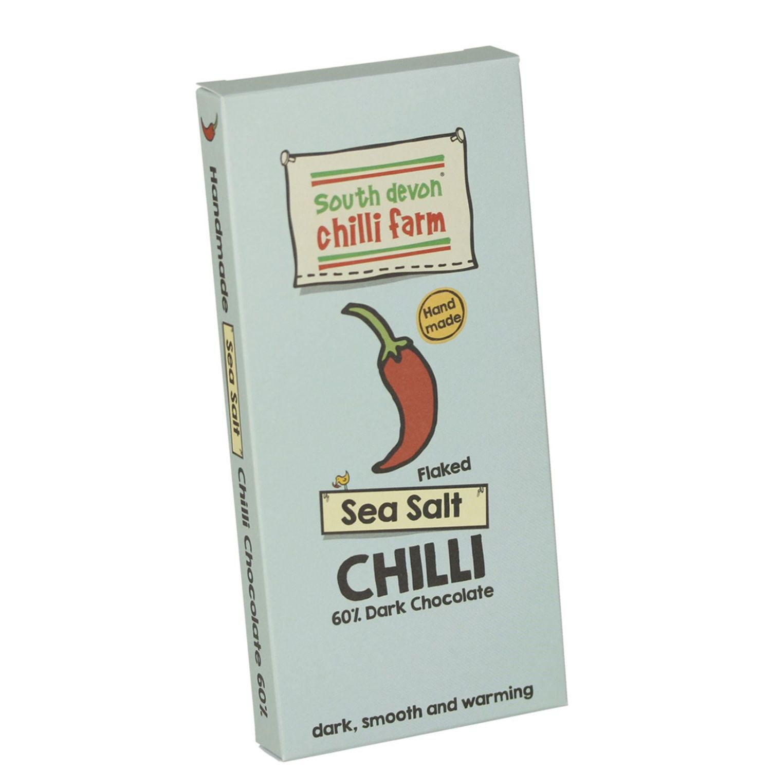 South Devon Chilli Farm Flaked Sea Salt Chilli Chocolate - Delicious 60% Dark Belgian Chocolate Combined With Homegrown Chillies - Dark, Smooth &amp; Warming - Gift Present for Him or Her - 80g Bar
