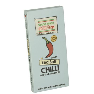 South Devon Chilli Farm Flaked Sea Salt Chilli Chocolate - Delicious 60% Dark Belgian Chocolate Combined With Homegrown Chillies - Dark, Smooth &amp; Warming - Gift Present for Him or Her - 80g Bar