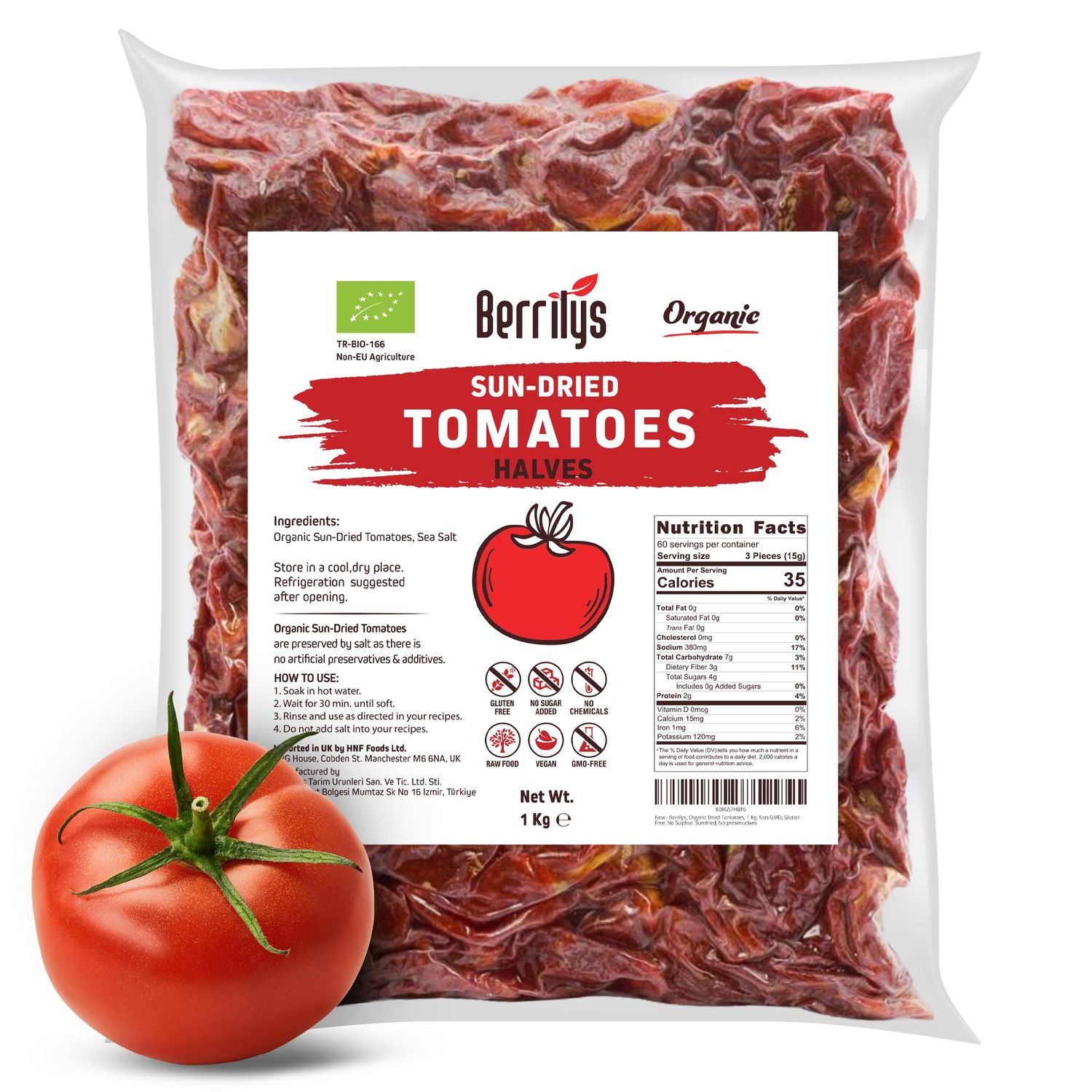 Berrilys Organic Sun Dried Tomatoes, Non-GMO, Gluten-Free, No Sulphur, No Preservatives, Sun Blushed, Dry Tomato, Natural, Ideal for Cooking &amp; Snacking (1 kg (Pack of 1), Halves)