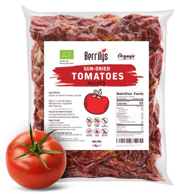 Berrilys Organic Sun Dried Tomatoes, Non-GMO, Gluten-Free, No Sulphur, No Preservatives, Sun Blushed, Dry Tomato, Natural, Ideal for Cooking &amp; Snacking (1 kg (Pack of 1), Halves)