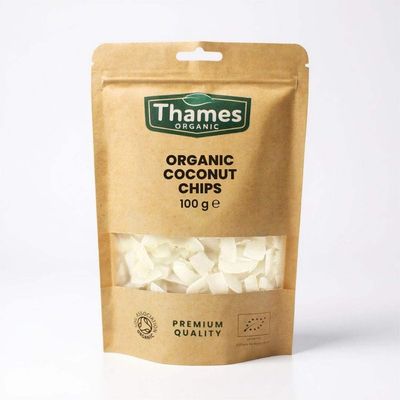Organic Coconut Chips - Unsweetened, High Fibre, Raw, Vegan, GMO-Free, Certified Organic - No Additives or Preservatives - Nutritious and Delicious, Perfect Snack - Thames Organic 100g