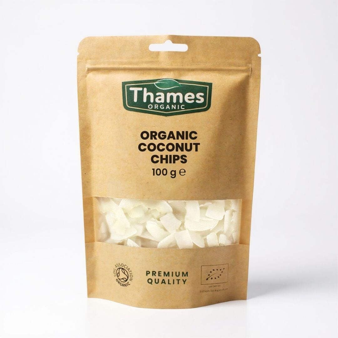 Organic Coconut Chips - Unsweetened, High Fibre, Raw, Vegan, GMO-Free, Certified Organic - No Additives or Preservatives - Nutritious and Delicious, Perfect Snack - Thames Organic 100g