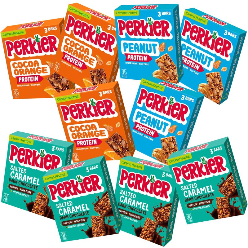 Perkier Variety Box (30 bars), Vegan, Gluten Free, Protein, Lower Sugar, Office Snacks, Healthy Snacks for Adults, Low Calorie, Halal, Breakfast Bar, High Fibre, Nut, Cereal, Gut Health, Multipack