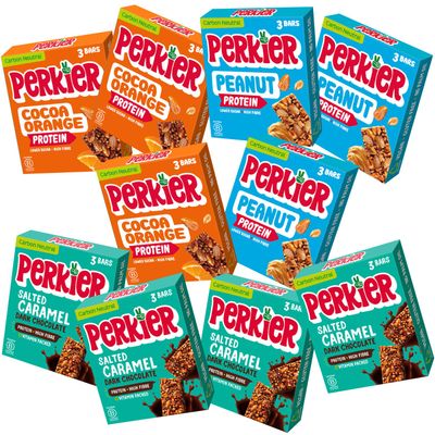 Perkier Variety Box (30 bars), Vegan, Gluten Free, Protein, Lower Sugar, Office Snacks, Healthy Snacks for Adults, Low Calorie, Halal, Breakfast Bar, High Fibre, Nut, Cereal, Gut Health, Multipack