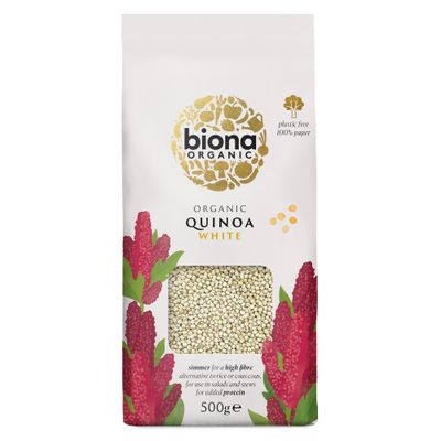 Biona Organic White Quinoa, 500g - Organically Grown Without GMOs -Wheat-free Alternative - Naturally Vegan &amp; High in Fibre - Sustainable 100% Recyclable Paper Packaging -For Salads, Stews and Cooking