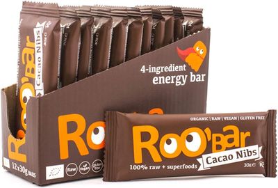 Roobar Cacao Nibs Raw Bar - Dairy &amp; Gluten Free. 100% Organic, Vegan with Superfoods. No Added Refined Sugar - 12 x 30g Raw Bars