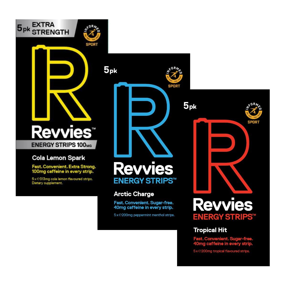 Revvies Energy Strips Instant Boost Suitable Pro Athletes 15 Strips 40mg Caffeine Easy On The Stomach Great for Exercise Vegan Sugar-Free 3 x 5Pk