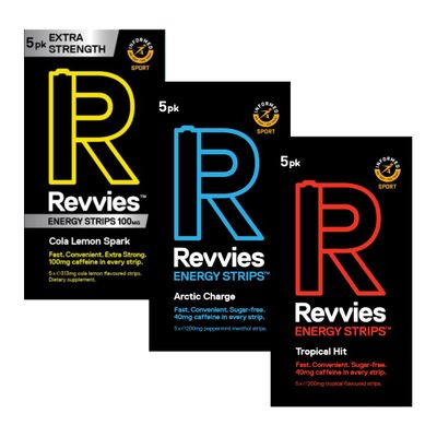 Revvies Energy Strips Instant Boost Suitable Pro Athletes 15 Strips 40mg Caffeine Easy On The Stomach Great for Exercise Vegan Sugar-Free 3 x 5Pk