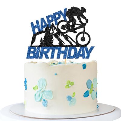 Bicycle Happy Birthday Cake Topper - Sport Themed Adventure Cycling Party Cake Supplies - Boy Girl Birthday - Bike Party Decorations - Black Blue Glitter