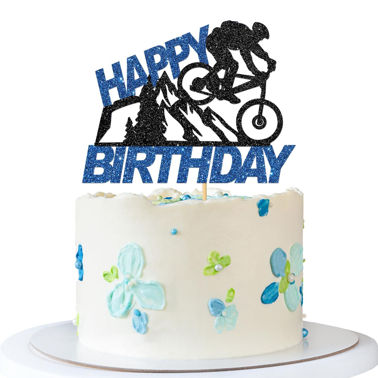 Bicycle Happy Birthday Cake Topper - Sport Themed Adventure Cycling Party Cake Supplies - Boy Girl Birthday - Bike Party Decorations - Black Blue Glitter
