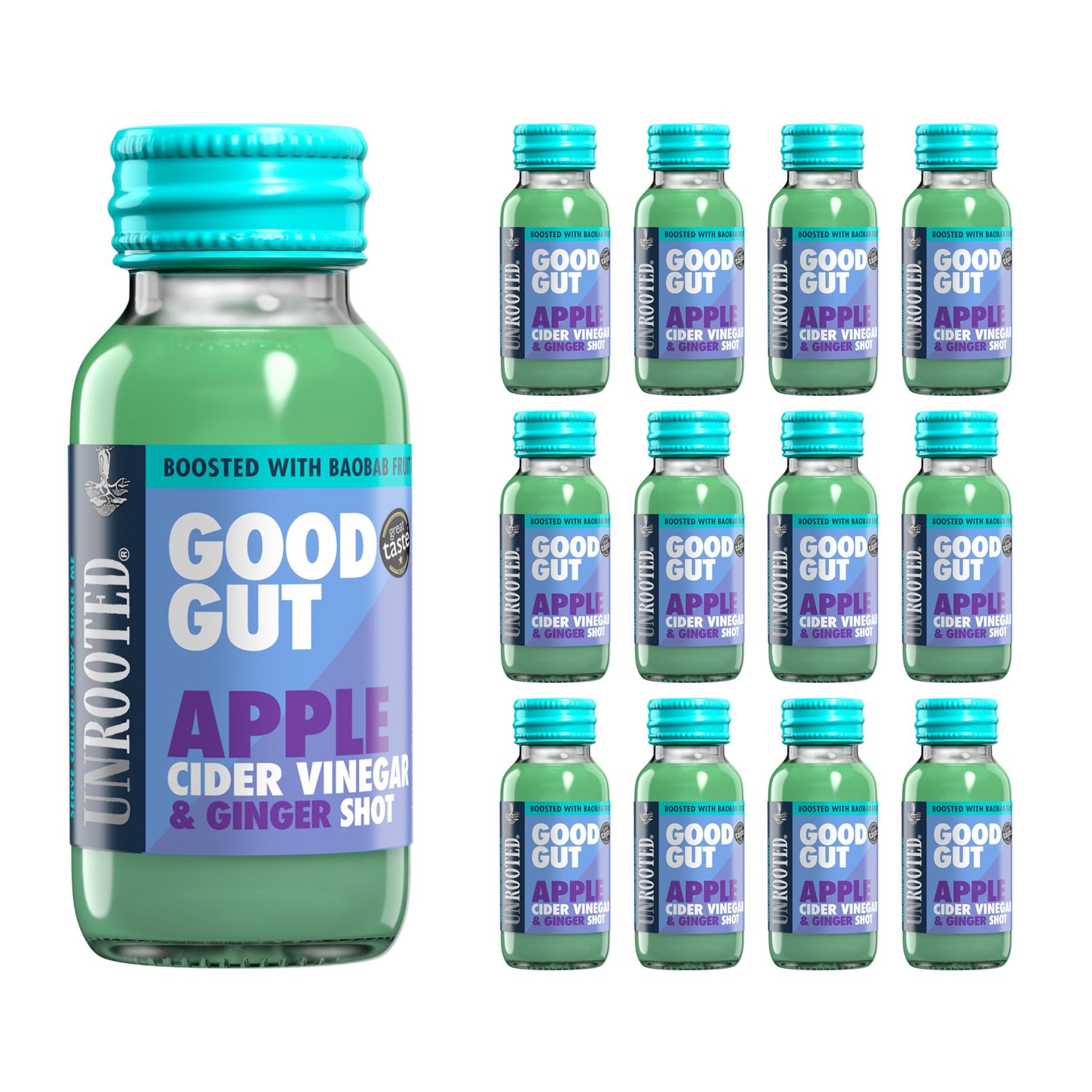 UNROOTED GOOD GUT Apple Cider Vinegar, Ginger &amp; Baobab Gut Health Shots - Detox &amp; Anti Inflammation, Boosted with Spirulina, Coconut Water &amp; Baobab, Daily Shot Multipack 12 x 60ml Bottles