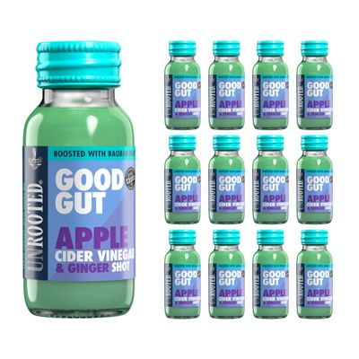 UNROOTED GOOD GUT Apple Cider Vinegar, Ginger &amp; Baobab Gut Health Shots - Detox &amp; Anti Inflammation, Boosted with Spirulina, Coconut Water &amp; Baobab, Daily Shot Multipack 12 x 60ml Bottles