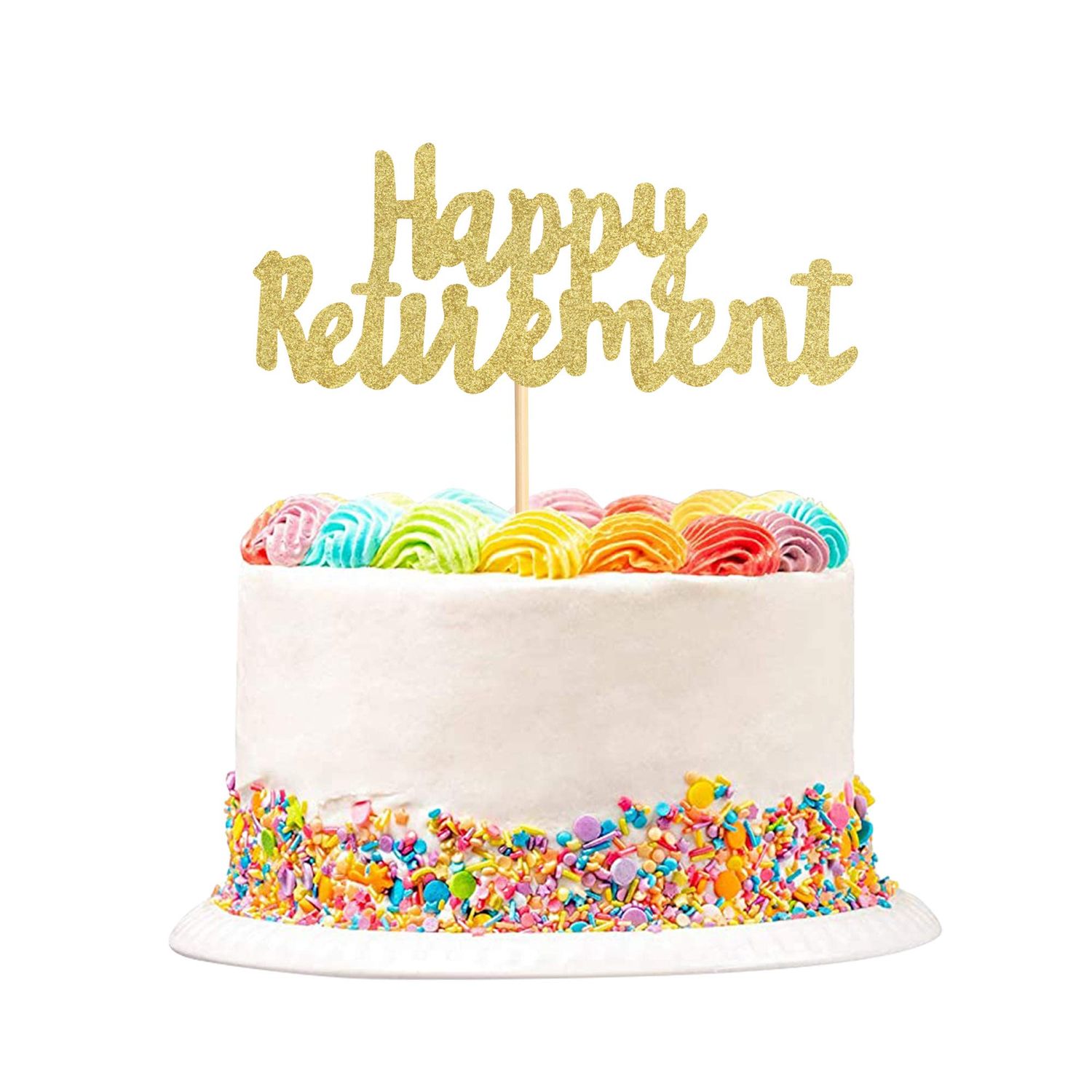 1Pack Gold Glitter Happy Retirement Cake Topper Retirement Cake Decoration Picks for Retired Party Cake Decoration Party Supplies