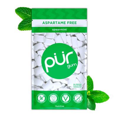 PUR Gum Sugar Free Chewing Gum Made with Xylitol Vegan, Aspartame Free, Gluten Free & Keto Friendly Natural Spearmint Flavoured Gum, 55 Pieces (Pack of 1)