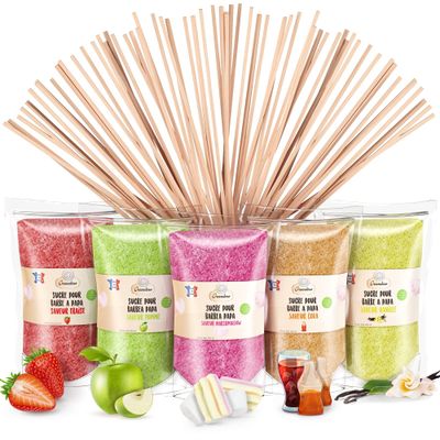 GREENDOSO® Candy Floss Sugar For Machine (5x160g) - Pack of 5 Flavours (Strawberry/Cola/Apple/Marshmallow/Vanilla) - Natural Colourings &amp; Flavours - 20 Sticks - MADE IN FRANCE
