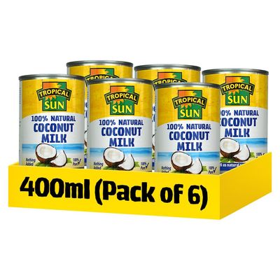 Tropical Sun Coconut Milk 400ml Pack of 6 100% Natural Canned Milk from Fresh Coconuts Rich &amp; Creamy Gluten-Free,Dairy-Free Vegan for Cooking, Baking, Curries &amp; Smoothies