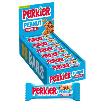 Perkier Peanut Bars (18 Bars), Vegan, Gluten Free, Protein, Lower Sugar, Office Snacks, Healthy Snacks for Adults, Low Calorie, Halal, Breakfast Bar, High Fibre, Gut Health, Multipack